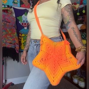 Orange Star-Shaped Crochet Bag